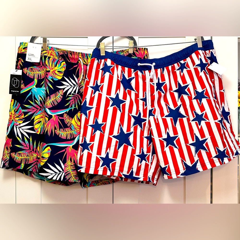 Men's Patriotic Red & Blue Star Swim Trunks - Lightweight Drawstring